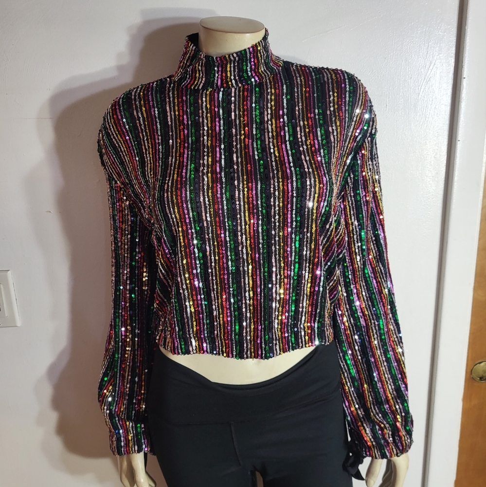 Free People Beautiful Colorful Sequin Crop Blouse Sz XS